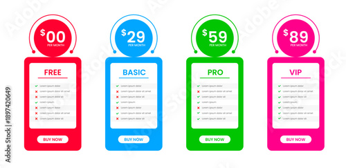 Professional four Tier Subscription website Price table template. business plan price list. product package price. Subscription Package Pricing Comparison. Minimalistic pricing list layout design.