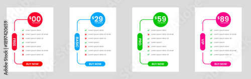 Professional four Tier Subscription website Price table template. business plan price list. product package price. Subscription Package Pricing Comparison. Minimalistic pricing list layout design.