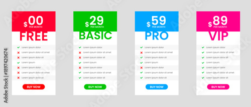 Professional four Tier Subscription website Price table template. business plan price list. product package price. Subscription Package Pricing Comparison. Minimalistic pricing list layout design.