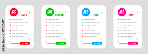 Professional four Tier Subscription website Price table template. business plan price list. product package price. Subscription Package Pricing Comparison. Minimalistic pricing list layout design.