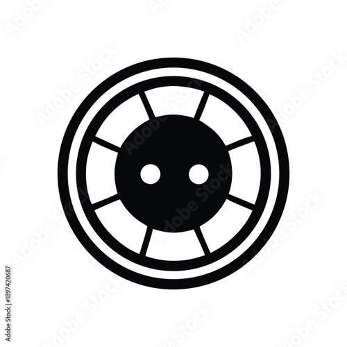 A clean, minimalist, black and white icon of a circular object with a stylized face, representing a simple, abstract symbol suitable for various digital and print applications