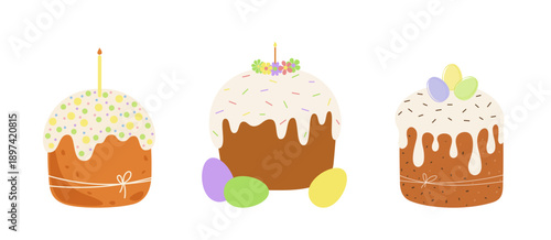 Easter cake set isolated on a white background, color vector illustration, flat design. Beautiful sweet traditional dessert with icing, decorated pastries, for the Christian Easter holiday, design