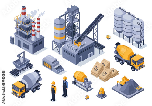 Construction industry isometric icons cement factory, mixer truck, and building materials