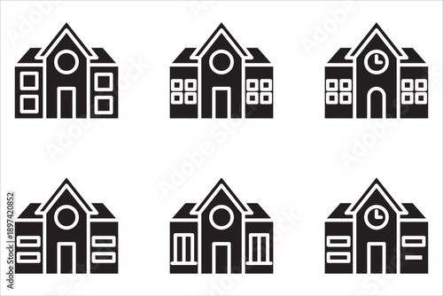 Building icon set in line design. School building, study place, office, simple vector icons.