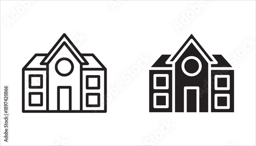 Building icon set in line design. School building, study place, office, simple vector icons.