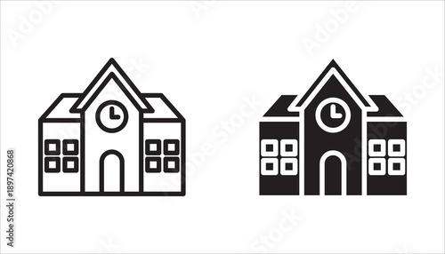 Building icon set in line design. School building, study place, office, simple vector icons.