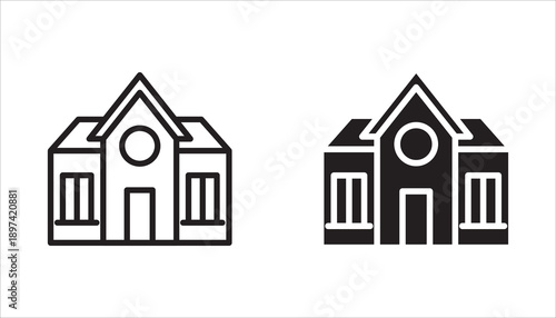 Building icon set in line design. School building, study place, office, simple vector icons.