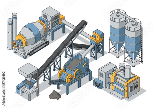 Industrial concrete production facility with mixing equipment and storage silos