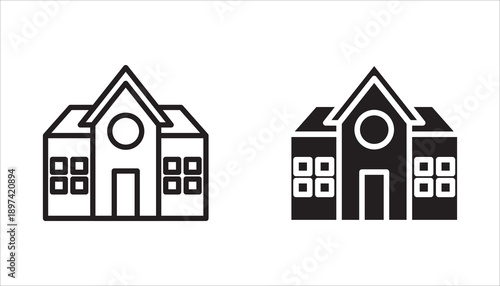 Building icon set in line design. School building, study place, office, simple vector icons.