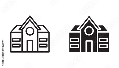 Building icon set in line design. School building, study place, office, simple vector icons.