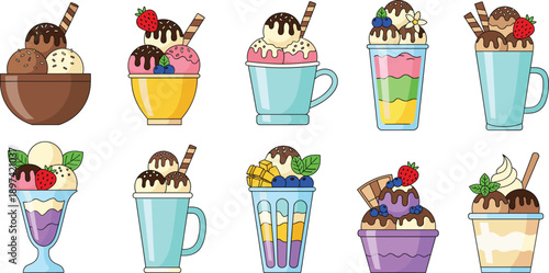 Ice Cream Dessert Cups Illustration Set Featuring Sundae Glasses, Chocolate Toppings, Fruits, and Sweet Treat Designs