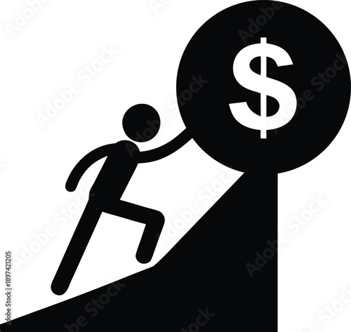 person pushing dollar coin silhouette vector illustration. financial growth, investment effort, earning profit and business success. 