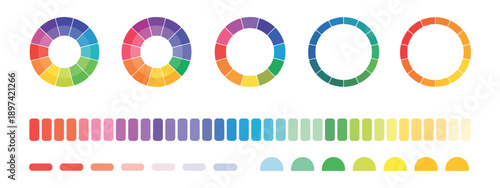 Colour wheel guide with isolated floral patterns, CMYK and RGB hues, set of color circles, infographic element.