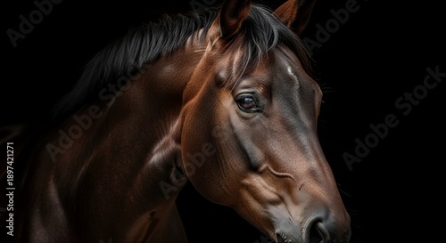 Close-up portrait of a brown horse with dramatic lighting on a dark background, fine art animal photography.
