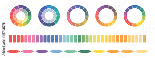 Colour wheel guide with isolated floral patterns, CMYK and RGB hues, set of color circles, infographic element.