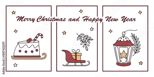 Minimalist Christmas and New Year Poster Set – Cake with Candy Cane, Gift Sleigh, and Lantern Illustration for Cozy Winter Greetings, Holiday Cards, Invitations, and Seasonal Marketing Materials