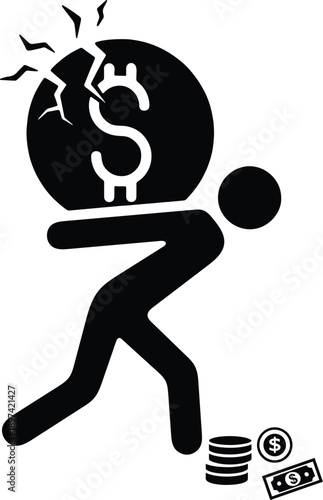 Liability silhouette vector icon. debt concept. person bears a bag of debt icon