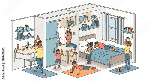 Family exercising together at home in various rooms.