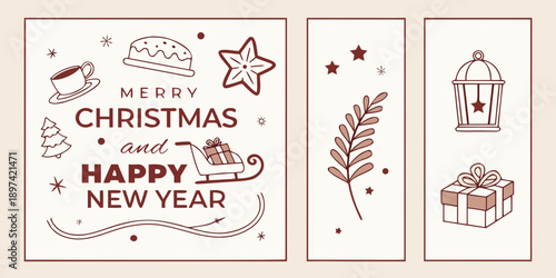 Merry Christmas and Happy New Year Greeting Card – Festive Cup, Pudding, Cookie, Tree, Sleigh, Lantern and Gift Box Illustration in Minimal Brown and Beige Holiday Design