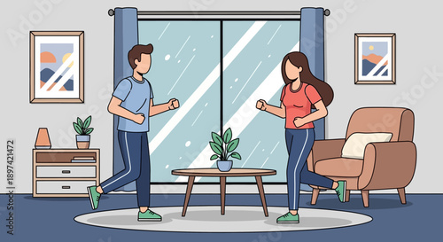 Couple exercising together indoors for fitness and health.