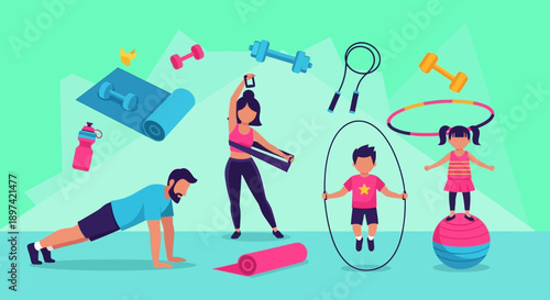 Family exercising together with various fitness equipment for a healthy lifestyle.