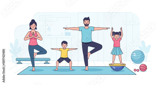 Family practicing yoga and fitness exercises together at home.
