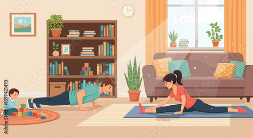 Family exercising together at home doing yoga and pushups.