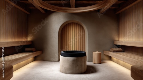 Nordic Spa Ritual concept. Serene interior of a modern sauna with wooden accents.