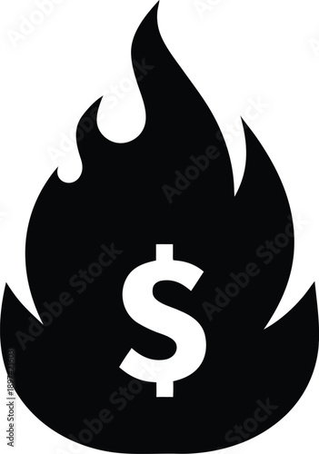 silhouette icon of fire in a dollar sign means Financial Loss, Burning Cash, Economic Crisis, Inflation Concept 