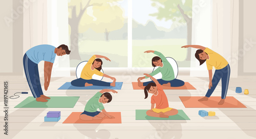 Family Yoga Class Practicing Stretches Indoors.