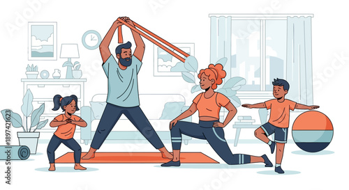 Family exercising together at home, promoting health and wellness.