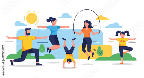 Diverse group of people engaging in various physical activities outdoors.