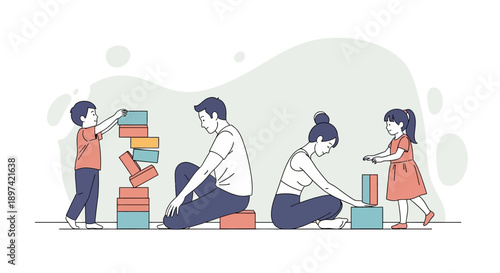 Family playing with building blocks together, fostering creativity and bonding.