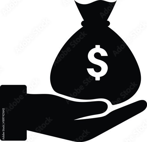A hand holding a money bag silhouette vector icon