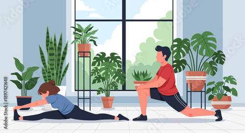 Couple stretching and exercising together at home.