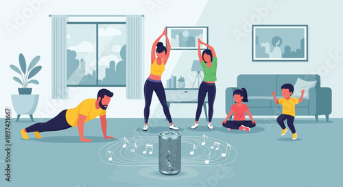 Family exercising together at home with a smart speaker playing music.