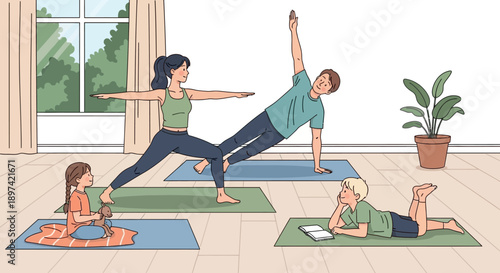 Family practicing yoga together in a home setting.