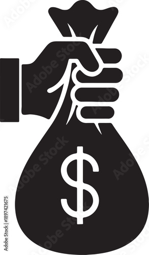hand holding dollar bag silhouette icon on transparent background
