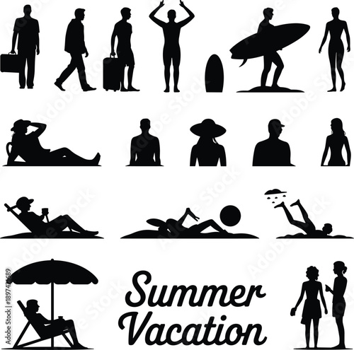 Summer vacation silhouette collection featuring people relaxing, surfing, swimming, sunbathing, walking, beach leisure activities, holiday lifestyle icons isolated on white background