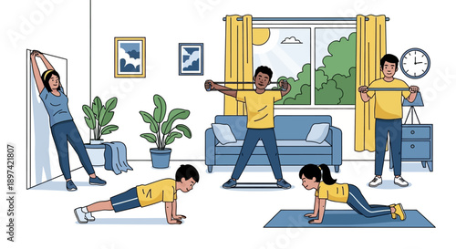 Family exercising together at home doing various fitness activities.