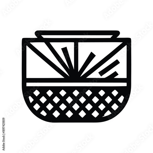 A stylized black and white graphic illustration of a faceted geometric shape, resembling a gem or a crystal, with radiating lines emanating from the center