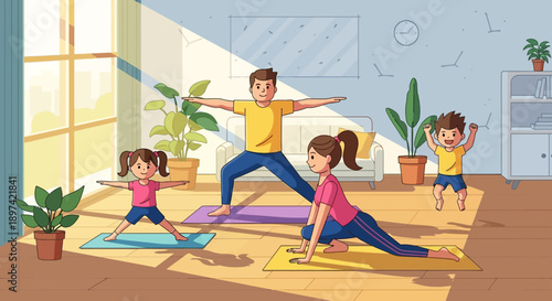 Family Exercising Together Indoors Yoga Poses.