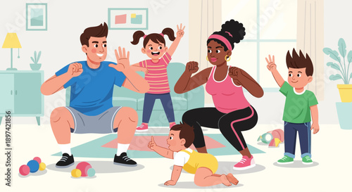 Family Exercising Together At Home With Young Children.
