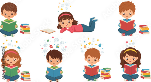 Kids Enjoy Reading Books Illustration Set Showing Children Sitting and Lying with Book Stacks for Education and Learning Design