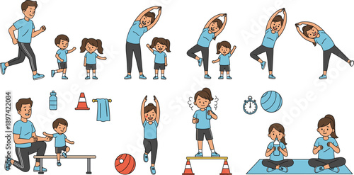 Father and Daughter Fitness Illustration Set Showing Parent and Child Exercising, Stretching, and Training Together for Healthy Lifestyle Design
