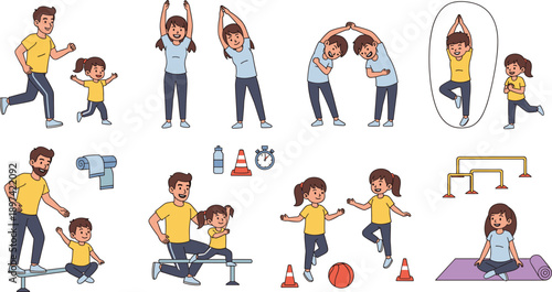 Father and Daughter Exercise Illustration Set Showing Parent and Child Training, Stretching, and Playing Sports for Healthy Lifestyle Design