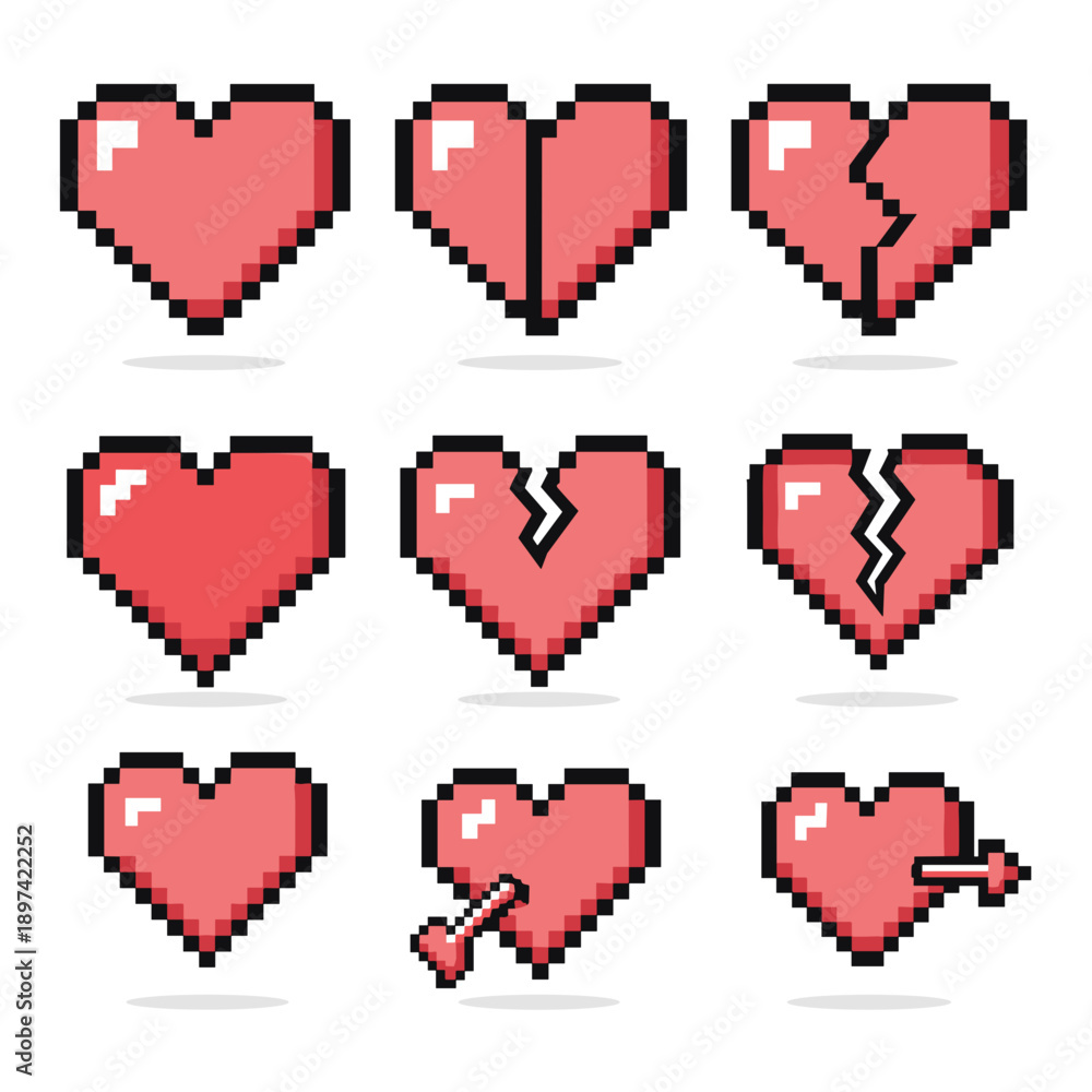 Fototapeta premium 8-Bit Pixel Art Heart Expressions Set