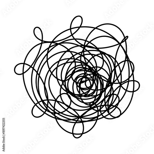 Chaotic intricate abstract lines, doodles, confusion, hand-drawn vector illustration. Black and white graphic element, chaos for design, labels. Complex sloppy form of thoughts, depression, hysteria