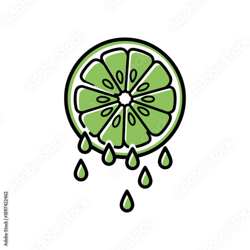A vibrant green lime slice with droplets falling against a plain white background illustration.