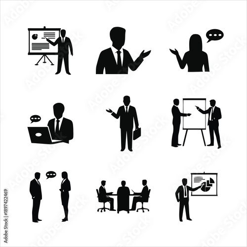 Silhouette vector icon set of business people presentation scenes 